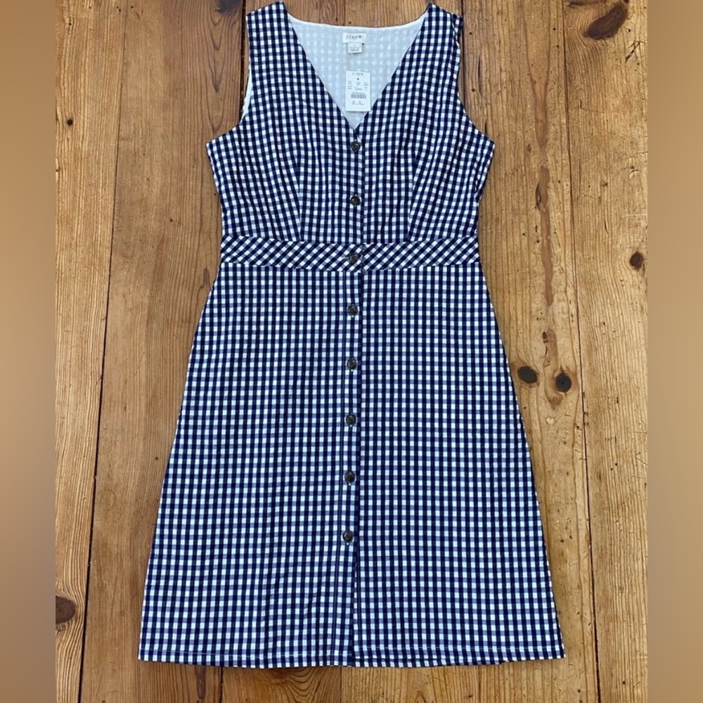 J. Crew Size 6 Navy Gingham Button Up Picnic Dress Sleeveless with Pockets.